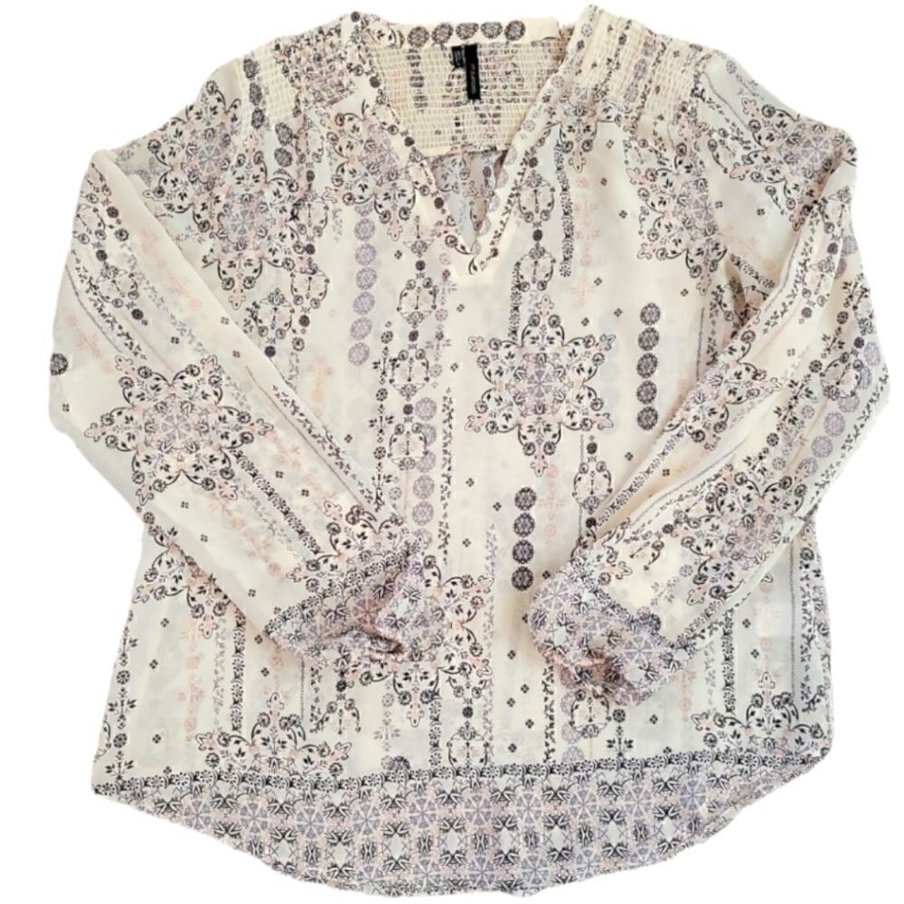 EC MAURICE'S SHEER V-NECK LONG SLEEVE BLOUSE SZ.L